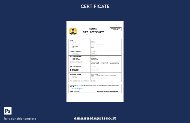 stile verificato Certificato di nascita del documento di stato civile del Kenya 